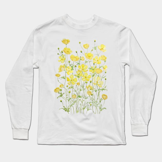 yellow buttercup flower field watercolor Long Sleeve T-Shirt by colorandcolor